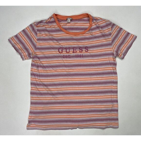 Guess T-shirt Women XS Striped Embroidered Logo Multicolor Short Sleeve - Picture 1 of 5